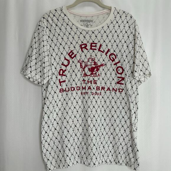 True Religion tee cream horseshoe print Buda logo short sleeves street wear Med - Picture 1 of 7